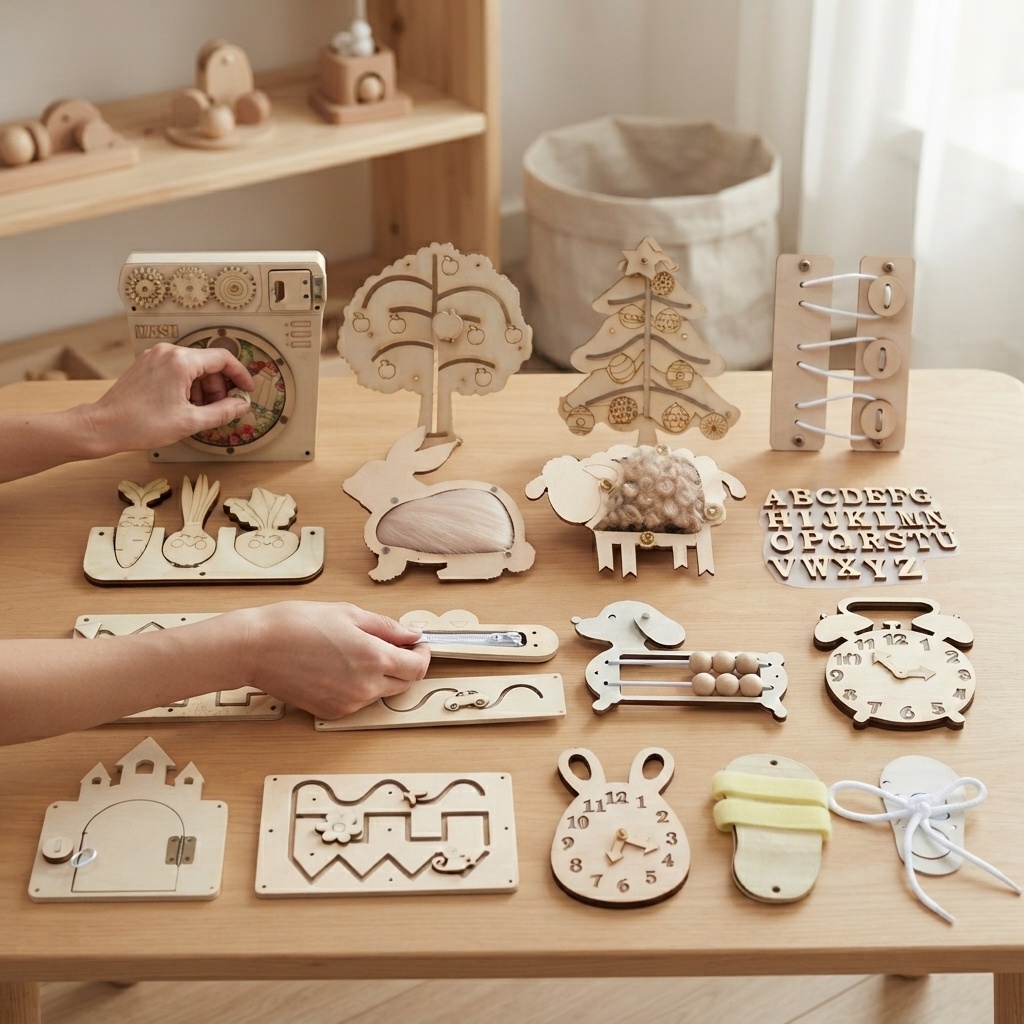 Montessori Wooden Busy Board Toddler - Tablero de Actividades Montessori de Madera,